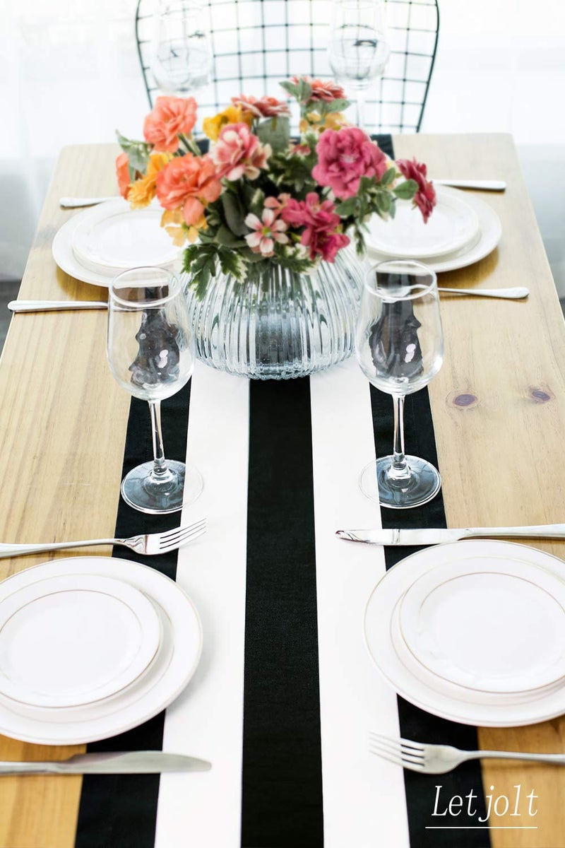 Letjolt Black and White Striped Table Runner for Kitchen Decor Black Stripe Tabletop Collection Cotton Canvas Table Runner 108 Inches Beetlejuice Party Decor - Image 5